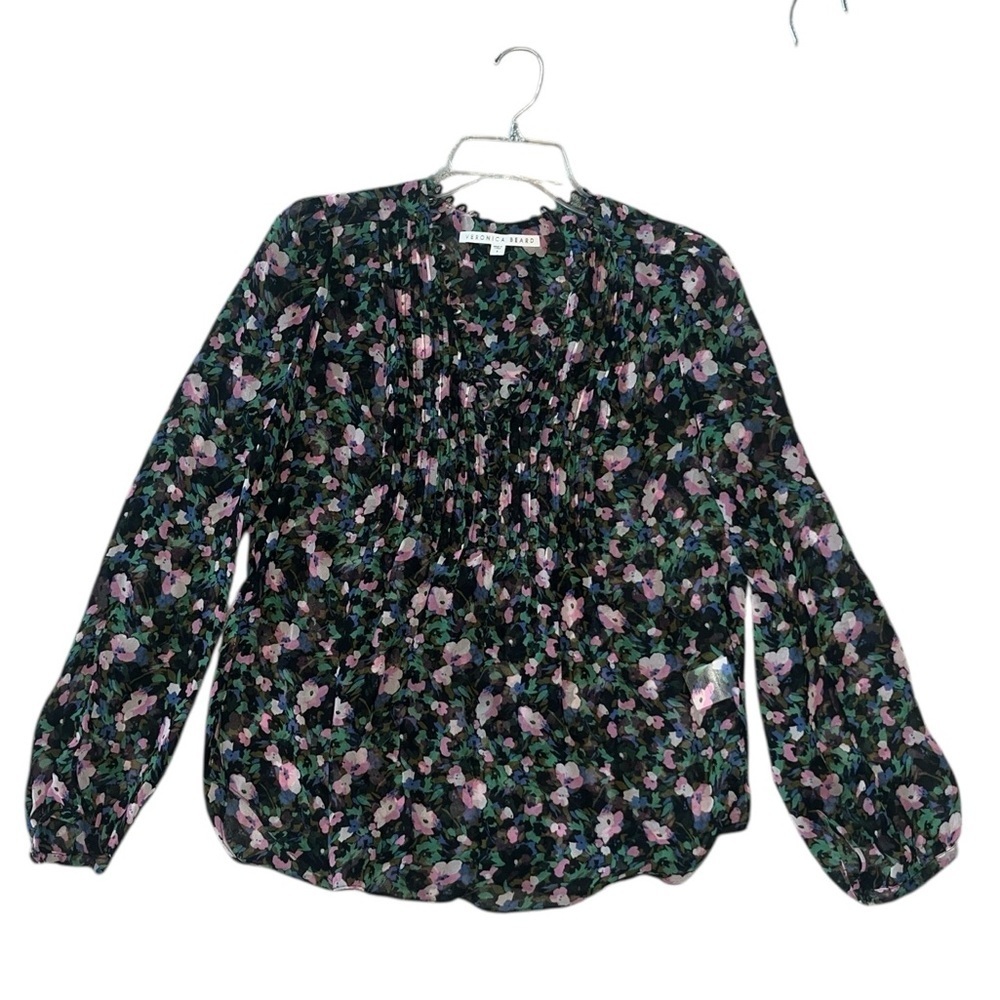 Veronica Beard Lowell Blouse- Floral Sheer 100% Silk Blouse - Black and Pink - Picture 6 of 10